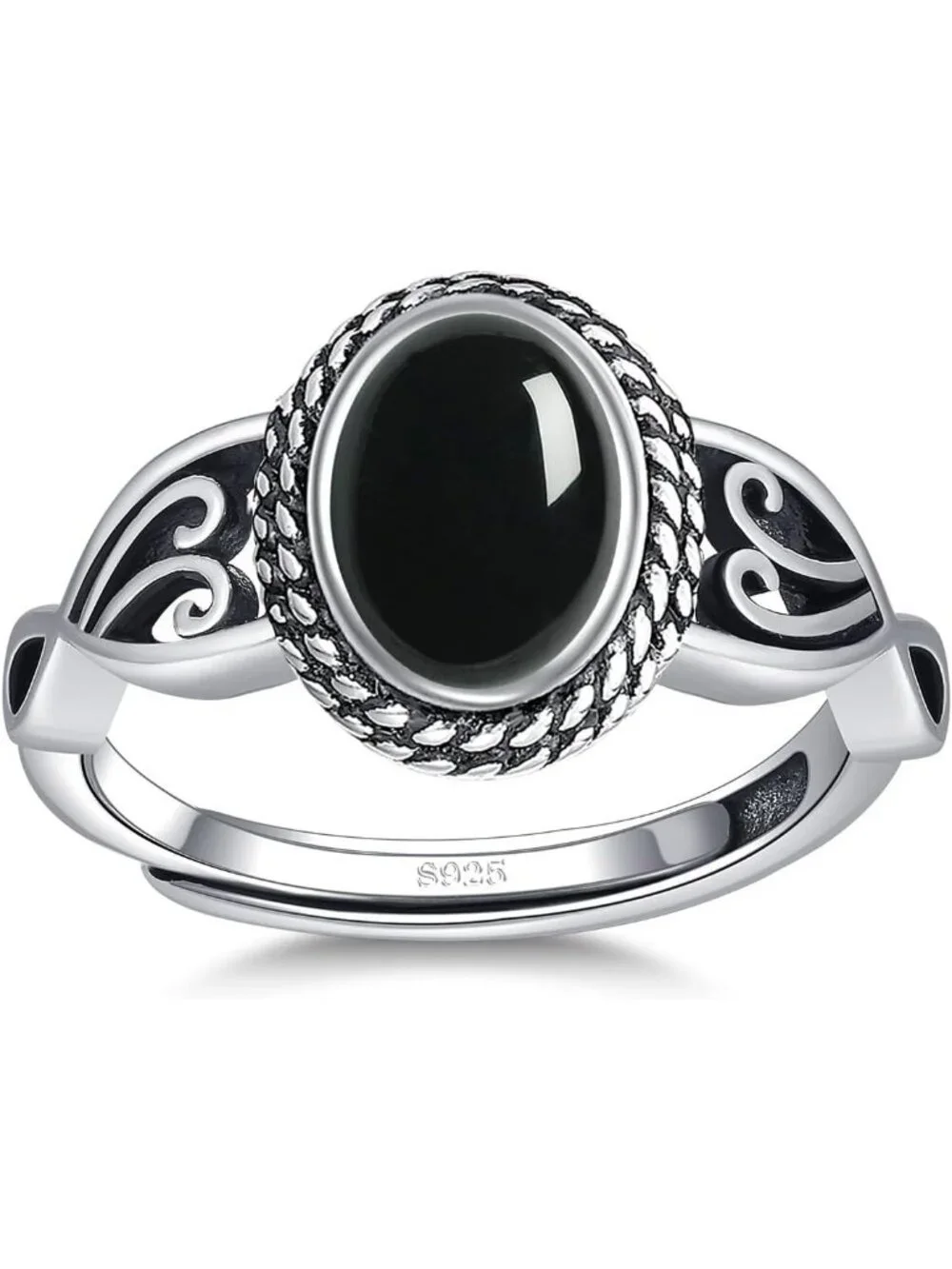 Women's Black Onyx 925 Sterling Silver Oval Adjustable Natural Stone Ring